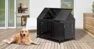 45" Heavy Duty Dog Crate Indestructible Pet Dog Cage Crate Kennel with Roof Top 2 Doors Removable Trays, Lockable Wheels